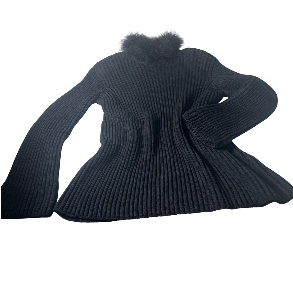 VTG Georgio Armani Luxury Statement Feather Trim Ribbed Knit‎ Sweater Size M